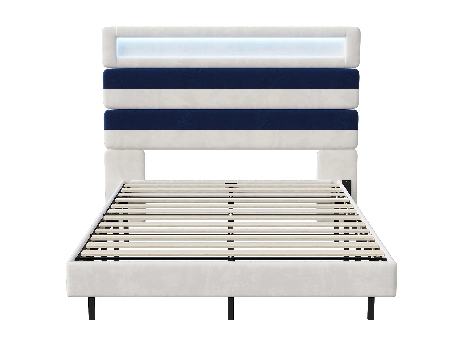 Letto matrimoniale 140*190cm, comodino regolabile + doppia porta di ricarica USB + barra luminosa, velluto bianco sporco + blu