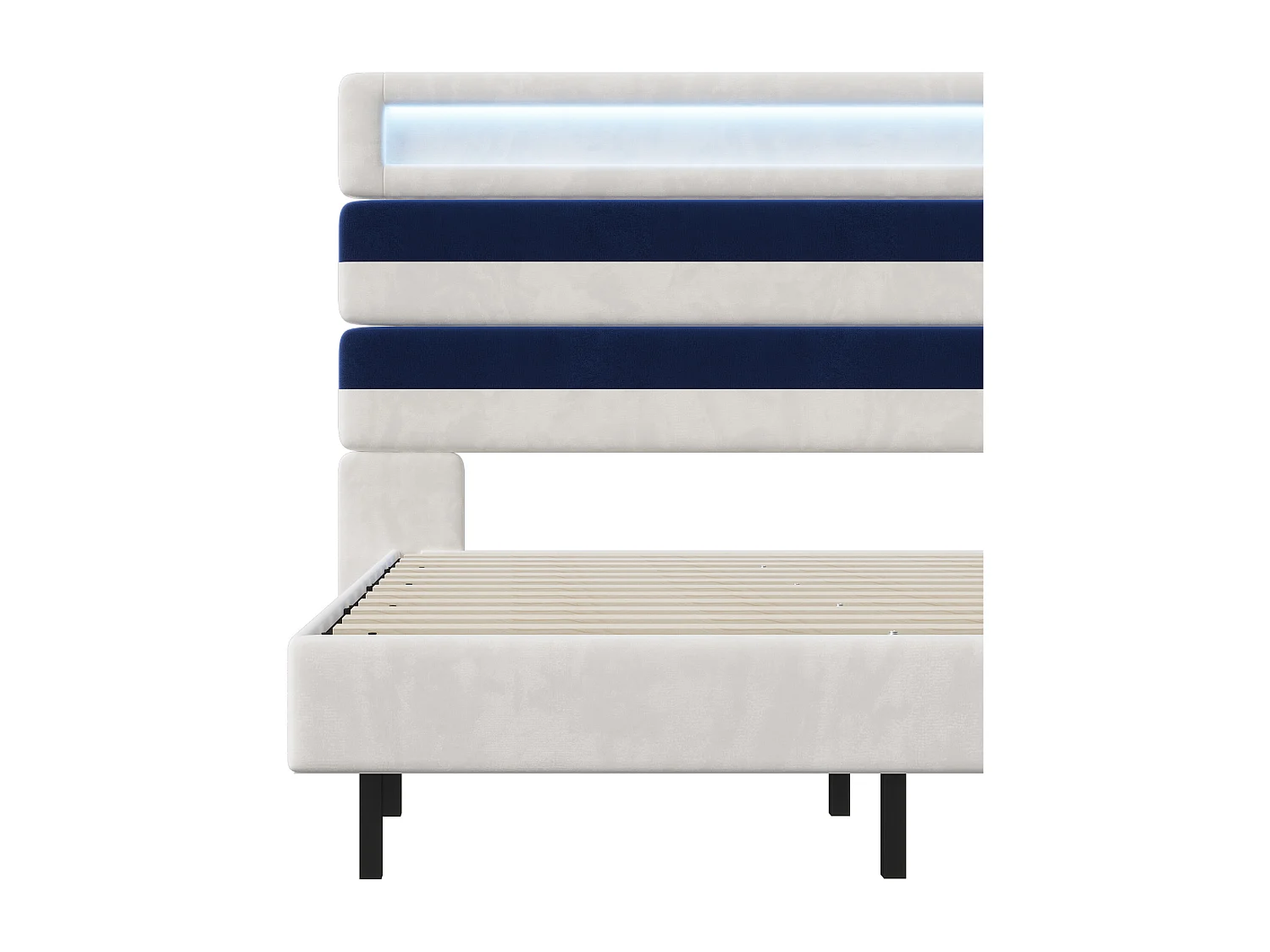 Letto matrimoniale 140*190cm, comodino regolabile + doppia porta di ricarica USB + barra luminosa, velluto bianco sporco + blu