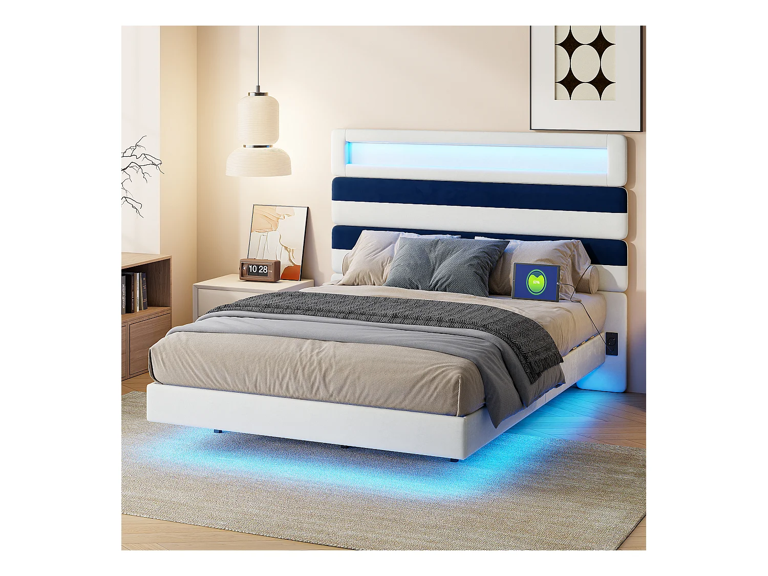 Lit double 140*190cm, chevet réglable + double port de charge USB + barre lumineuse, blanc cassé + velours bleu