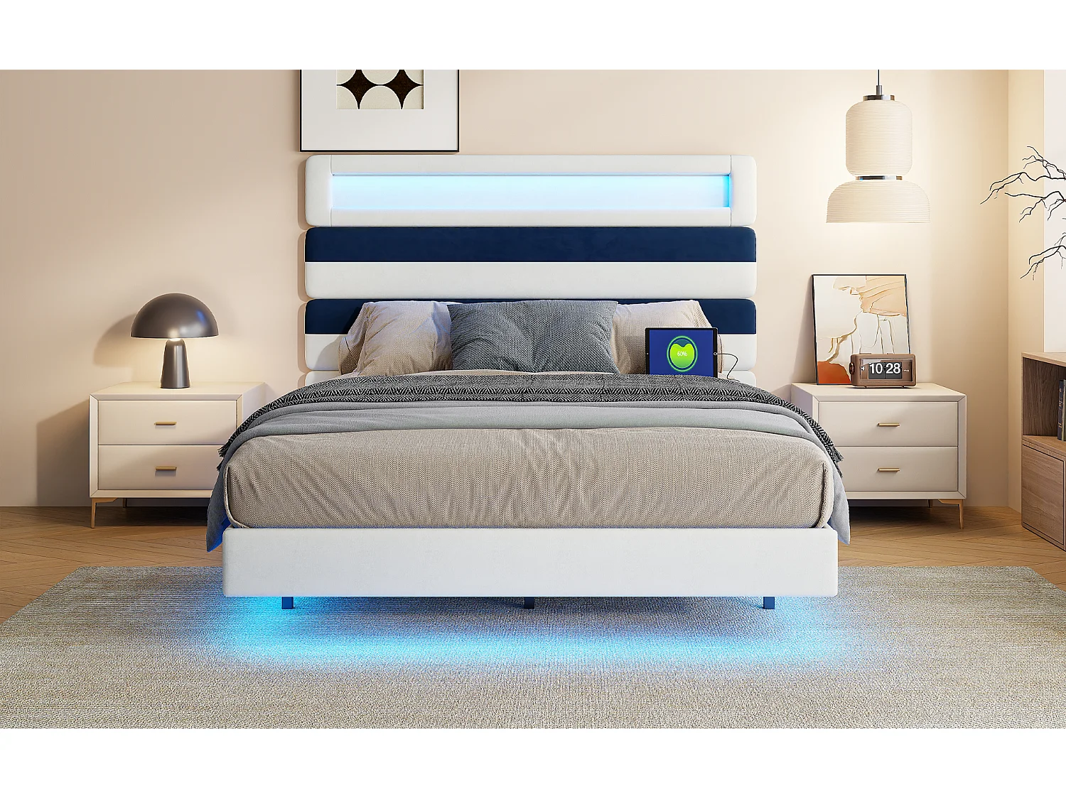 Lit double 140*190cm, chevet réglable + double port de charge USB + barre lumineuse, blanc cassé + velours bleu