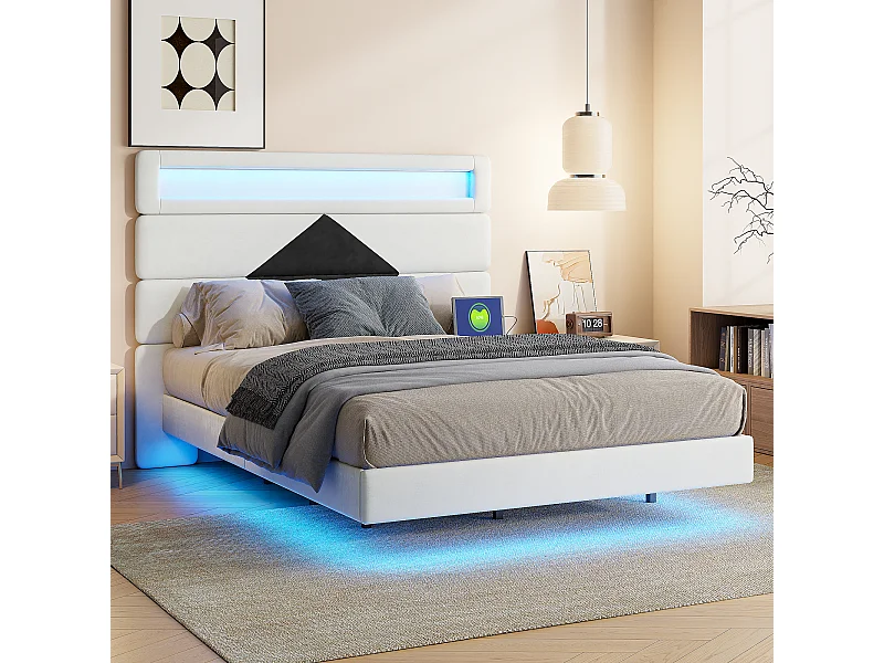 Lit double 140*190cm, table de chevet réglable + double ports de chargement USB + barre lumineuse, gris et blanc, velours noir