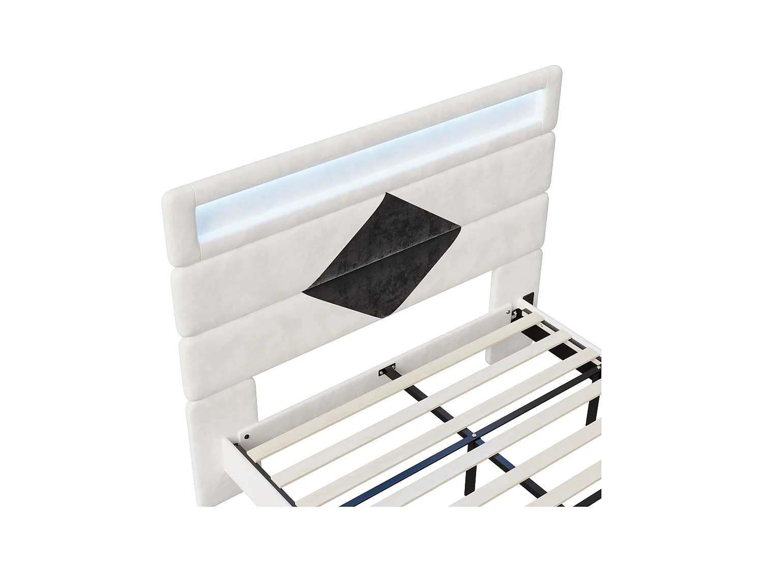 Cama doble 140*190cm, mesita de noche ajustable + dos puertos de carga USB + barra de luz, gris y blanco, terciopelo negro