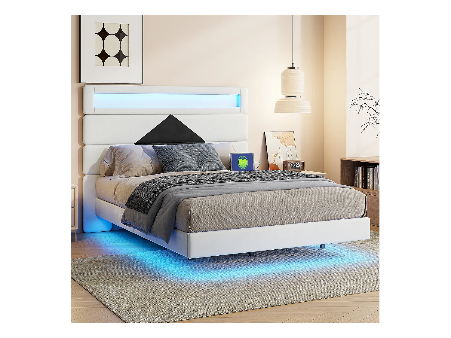Cama de casal estofada 140x190 cm, camas de casal com LED e USB, com estrado de ripas, branca