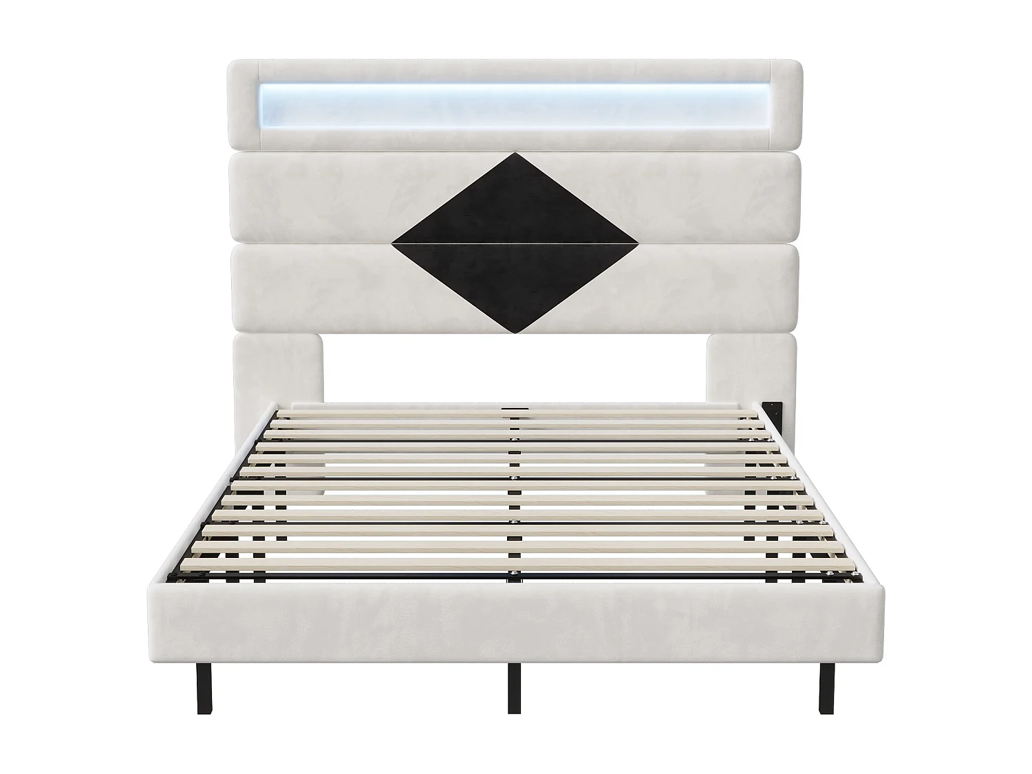 Lit double 140*190cm, table de chevet réglable + double ports de chargement USB + barre lumineuse, gris et blanc, velours noir