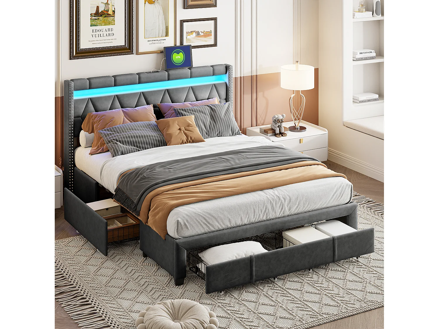 Letto matrimoniale 140*200cm, 4 cassetti in ferro, con luce + funzione di ricarica USB, comodino a forma di diamante, lino, grigio