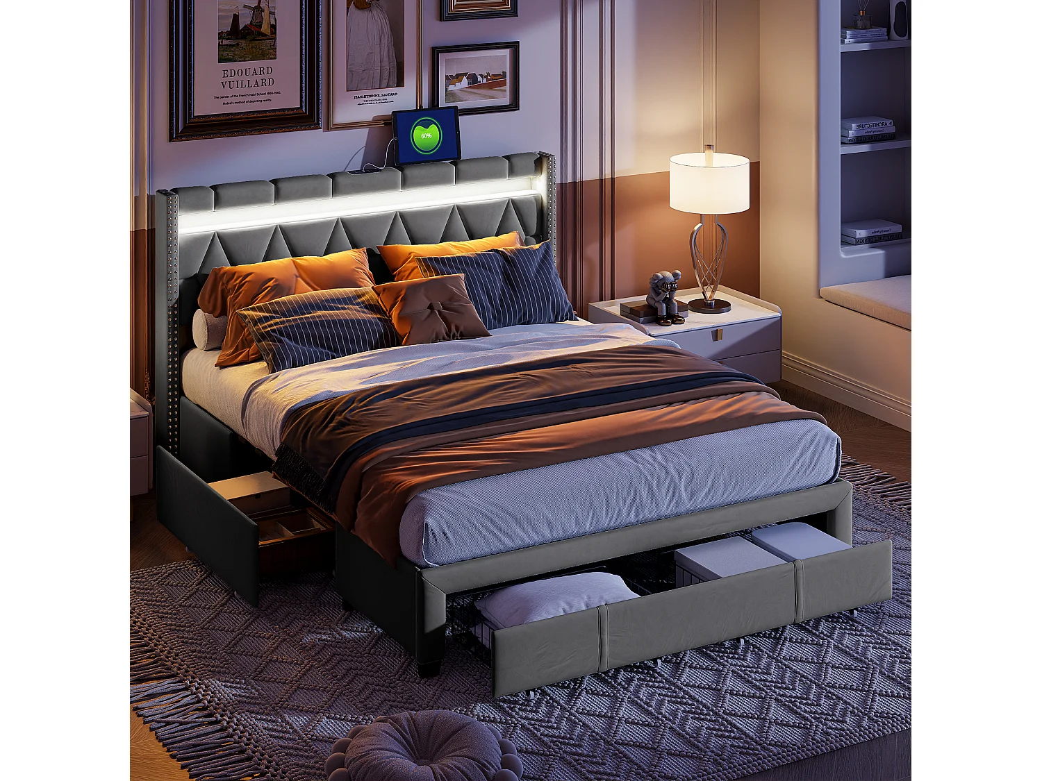 Letto matrimoniale 140*200cm, 4 cassetti in ferro, con luce + funzione di ricarica USB, comodino a forma di diamante, lino, grigio