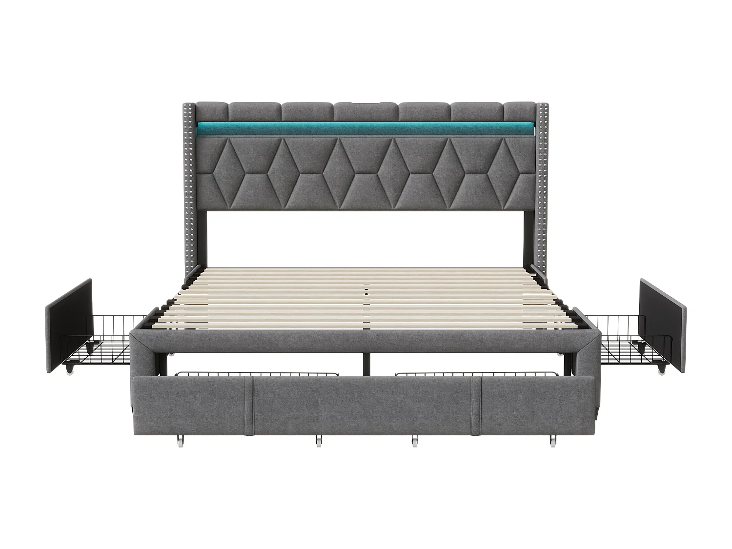 Letto matrimoniale 140*200cm, 4 cassetti in ferro, con luce + funzione di ricarica USB, comodino a forma di diamante, lino, grigio