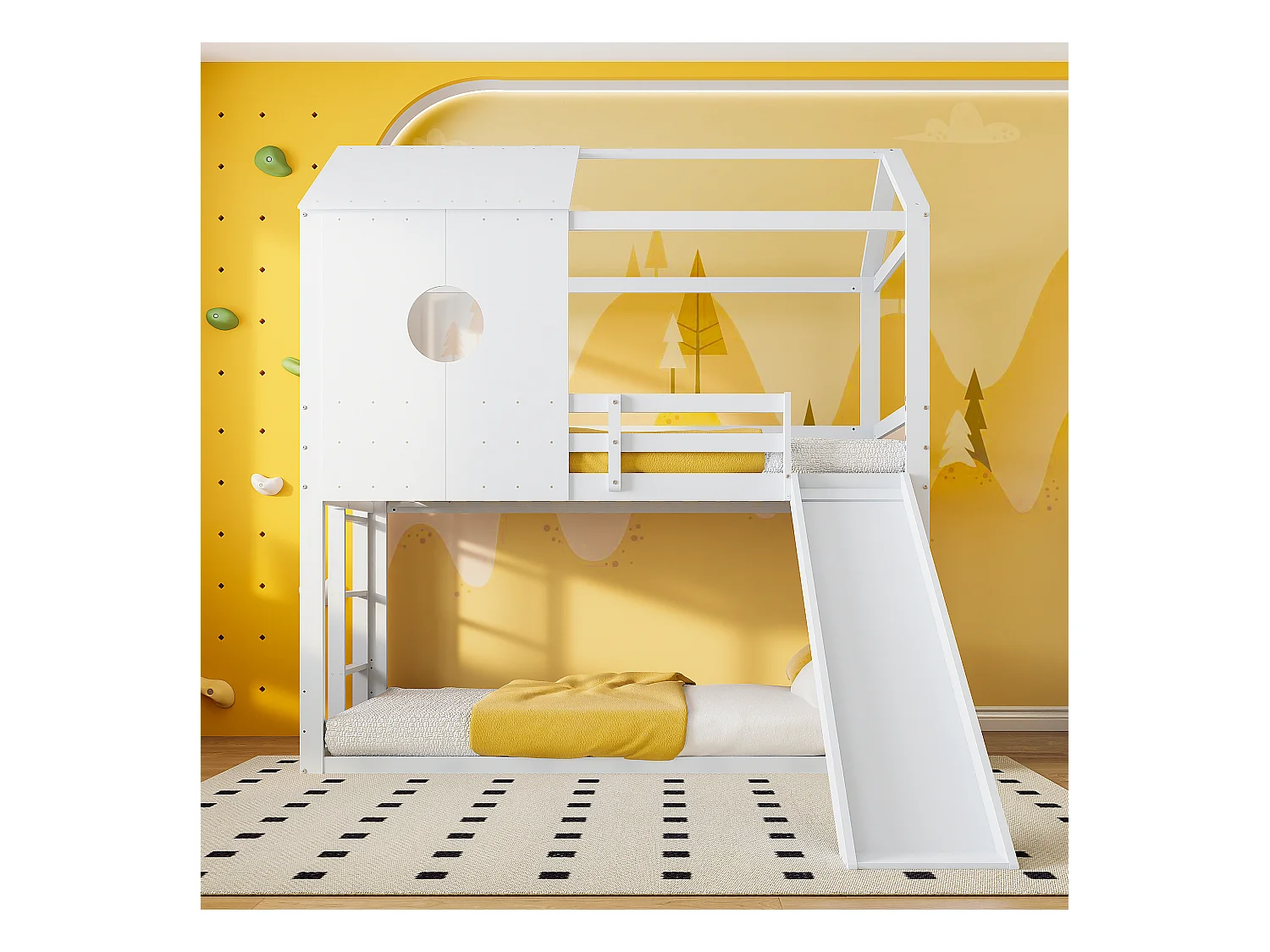 Lit superposé 90 x 200 cm avec rangements, escaliers et toboggans, lit cabane, lit enfant avec barrières latérales, blanc
