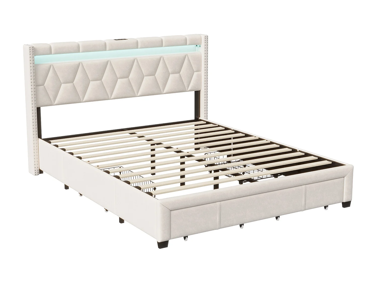 Cama doble 160*200cm, 4 cajones de hierro, con luz + función de carga USB, mesita de noche en forma de diamante, lino, beige