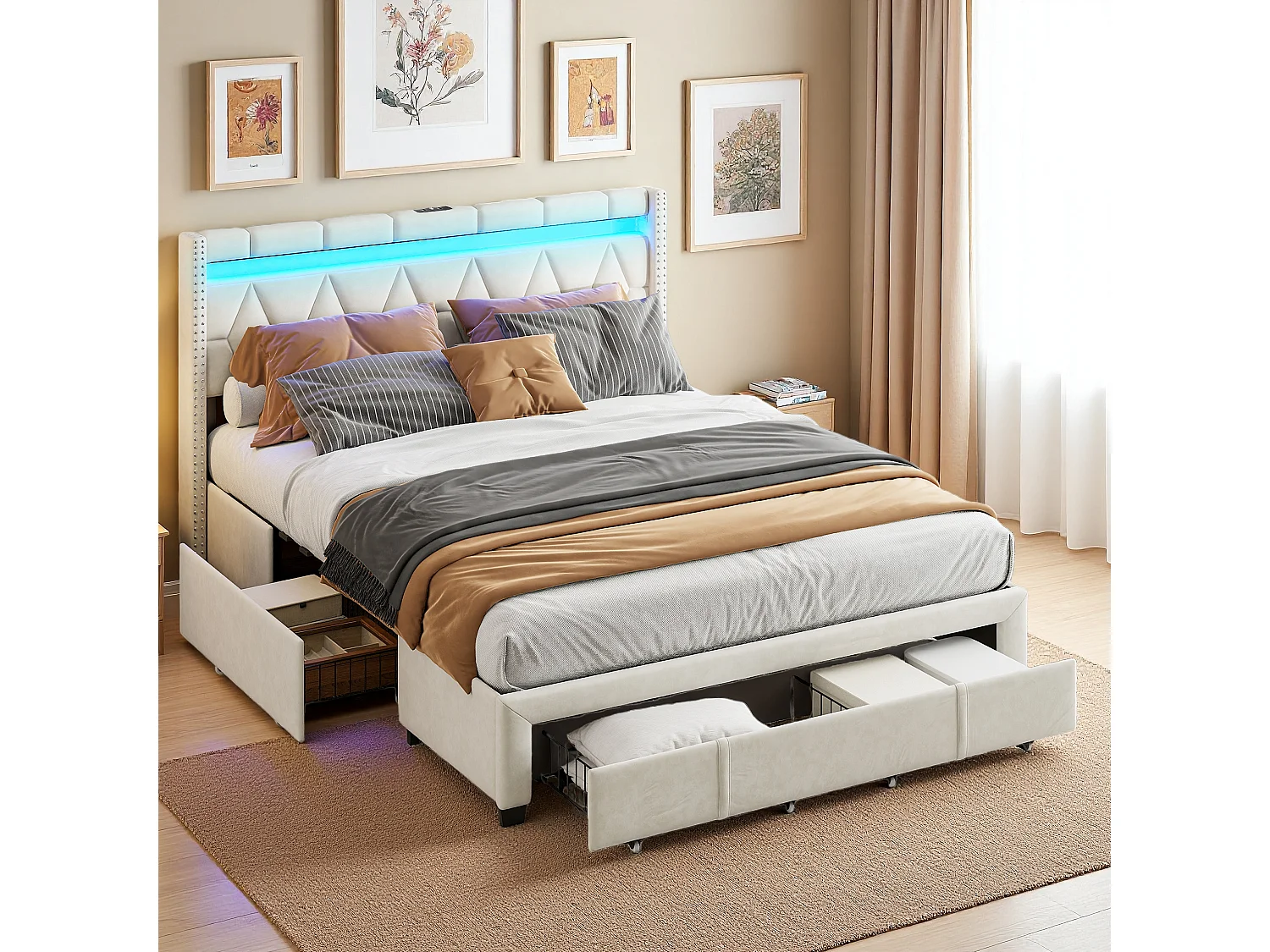 Cama de casal estofada 160x200 cm em linho com LED e 4 gavetas, estrutura com estrado de ripas de madeira, para adolescentes e adultos, bege
