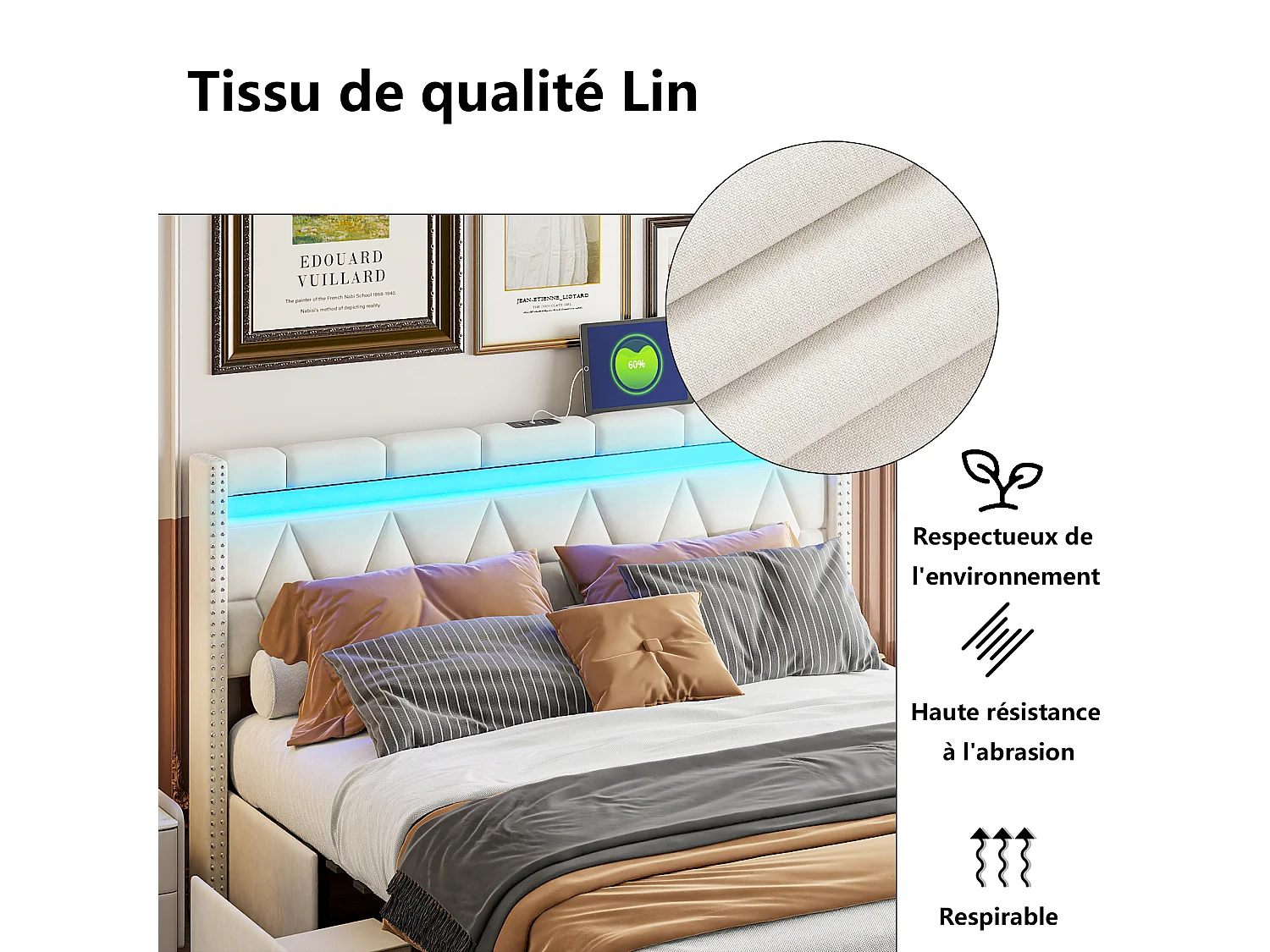 Cama de casal estofada 160x200 cm em linho com LED e 4 gavetas, estrutura com estrado de ripas de madeira, para adolescentes e adultos, bege