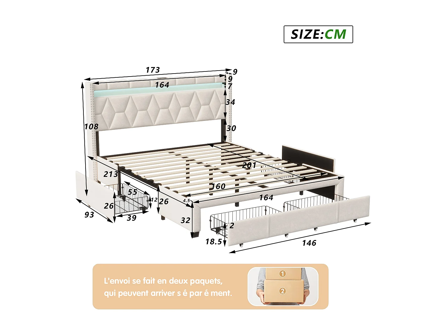 Cama de casal estofada 160x200 cm em linho com LED e 4 gavetas, estrutura com estrado de ripas de madeira, para adolescentes e adultos, bege