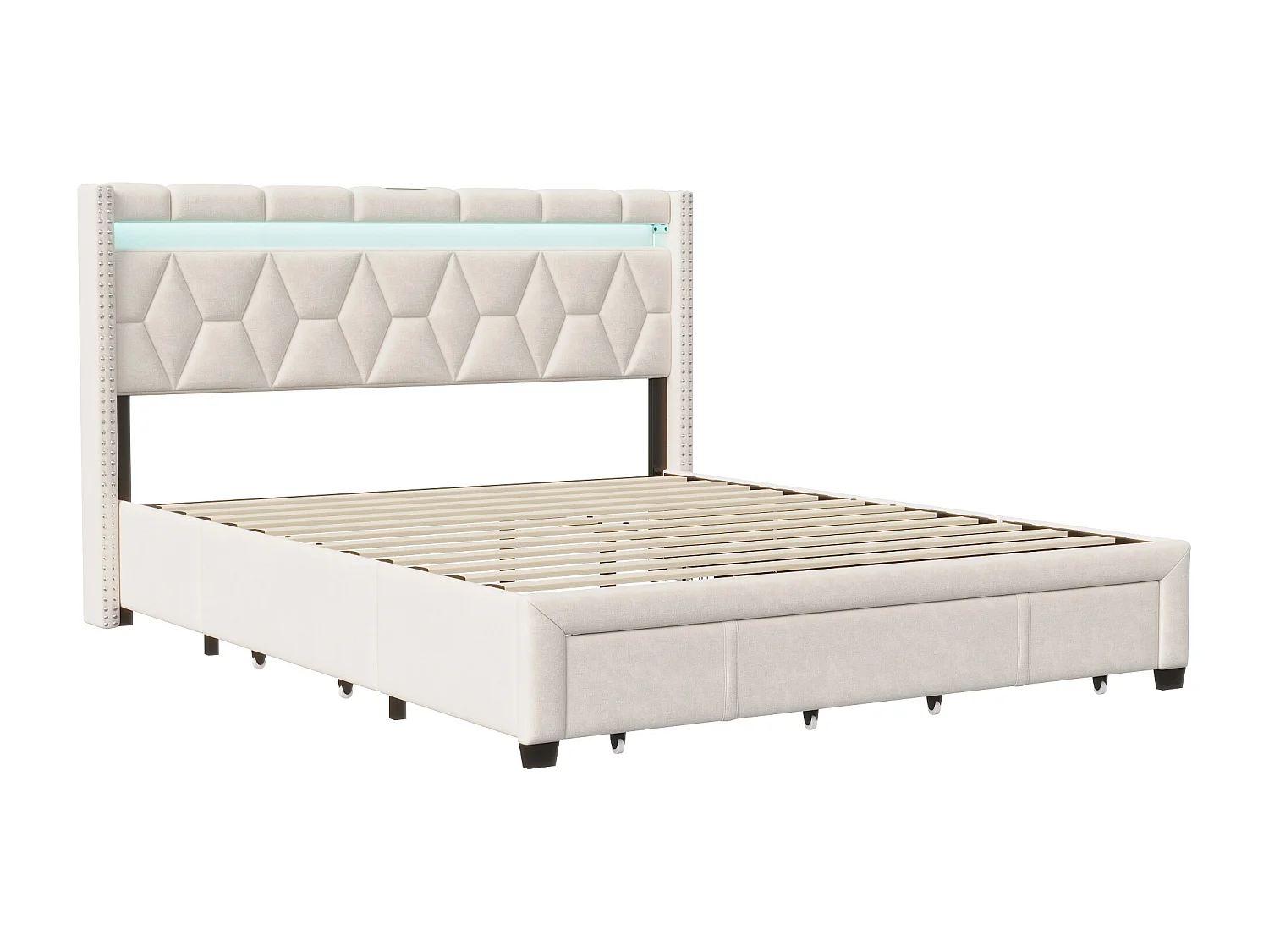 Cama de casal estofada 160x200 cm em linho com LED e 4 gavetas, estrutura com estrado de ripas de madeira, para adolescentes e adultos, bege