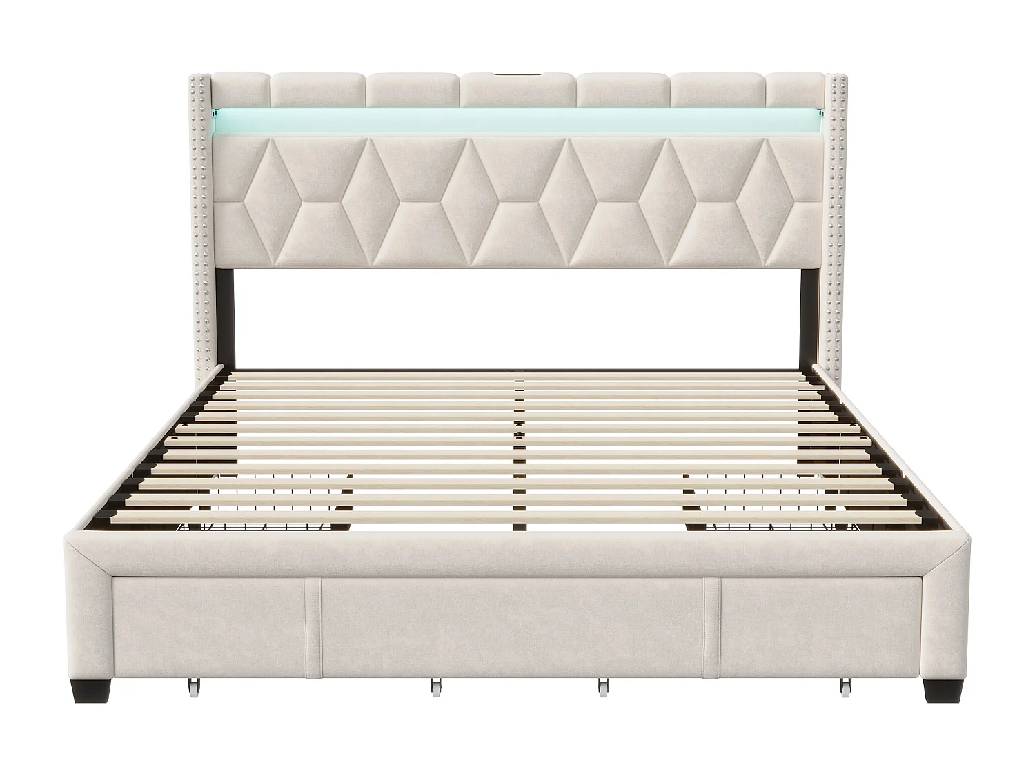 Cama de casal estofada 160x200 cm em linho com LED e 4 gavetas, estrutura com estrado de ripas de madeira, para adolescentes e adultos, bege