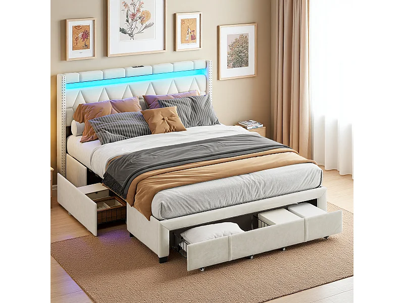 Lit double rembourré, 160 x 200 cm, rembourré, en lin, avec LED et 4 tiroirs, cadre de lit avec sommier à lattes en bois pour adolescents et adultes, Beige