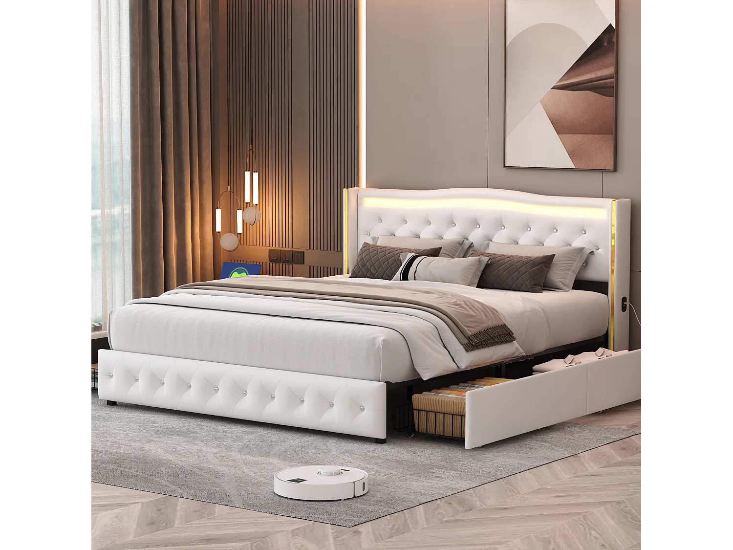 Cama de casal 140x200 com base, 4 gavetas de armazenamento, carregamento USB, ripas de madeira, LED - Branco
