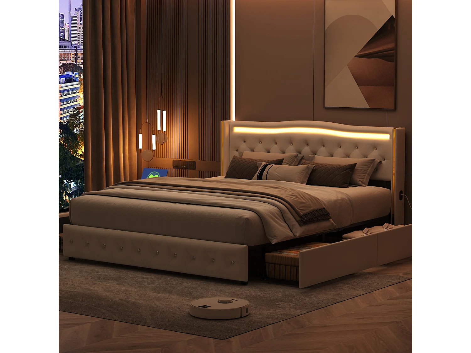 Cama de casal 140x200 com base, 4 gavetas de armazenamento, carregamento USB, ripas de madeira, LED - Branco