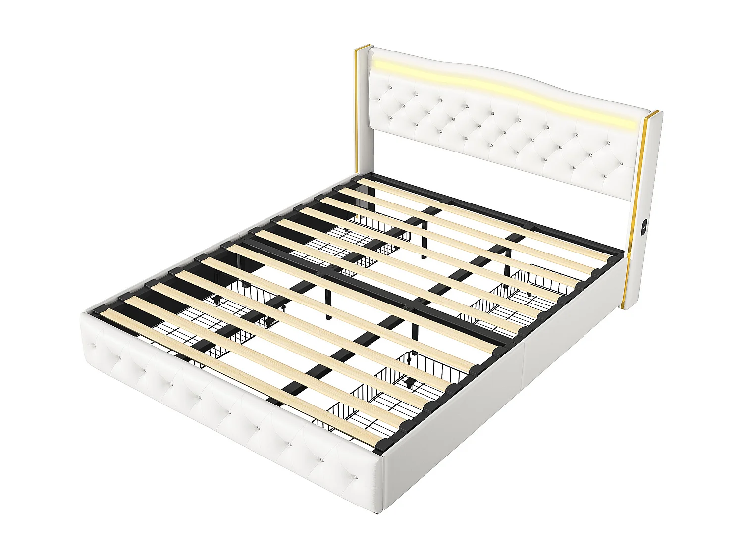Cama de casal 140x200 com base, 4 gavetas de armazenamento, carregamento USB, ripas de madeira, LED - Branco