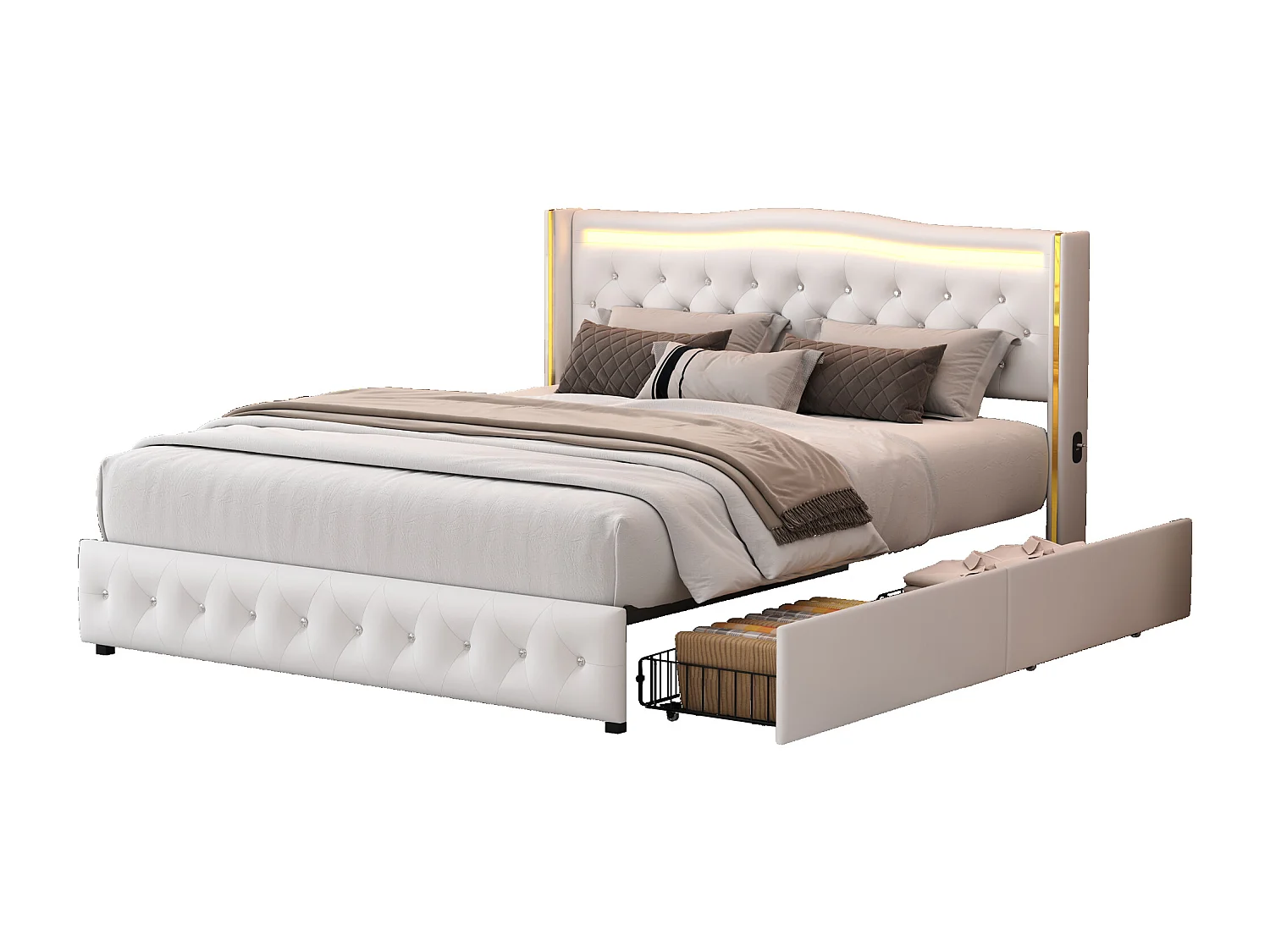 Cama de casal 140x200 com base, 4 gavetas de armazenamento, carregamento USB, ripas de madeira, LED - Branco