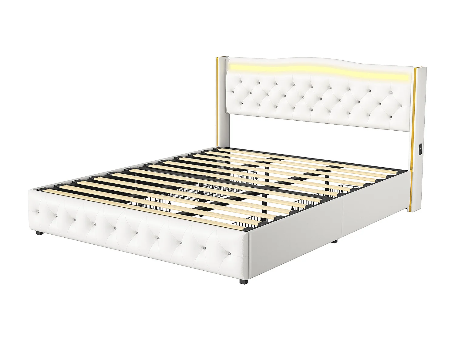 Cama blanda de 140 x 200 cm, con puerto de carga, cuatro cajones, barra de luz de noche, color blanco, material de cuero PU.