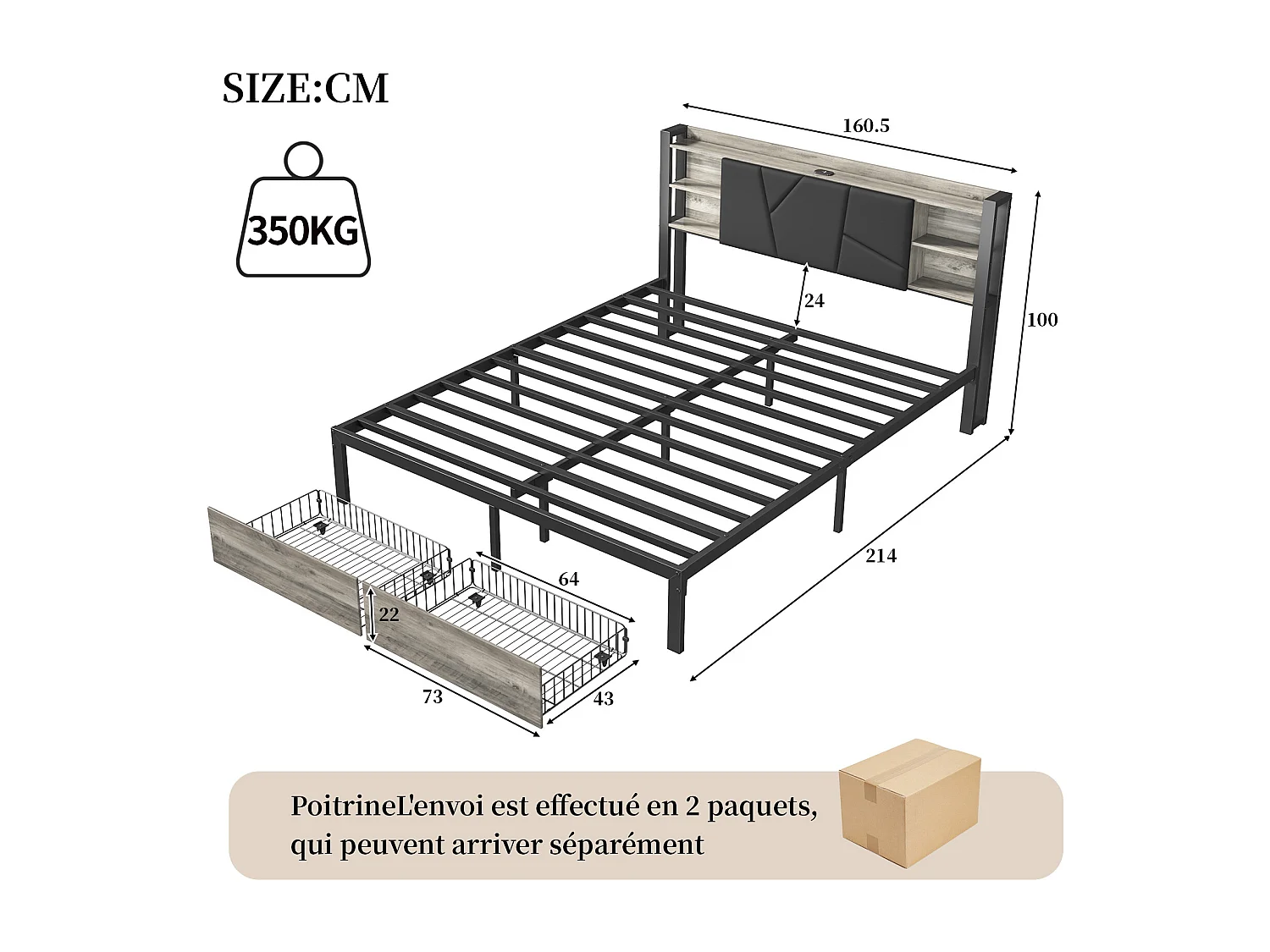 Cama de casal metálica 160 x 200 cm com LED e USB, com arrumação, estrado de ripas, preta