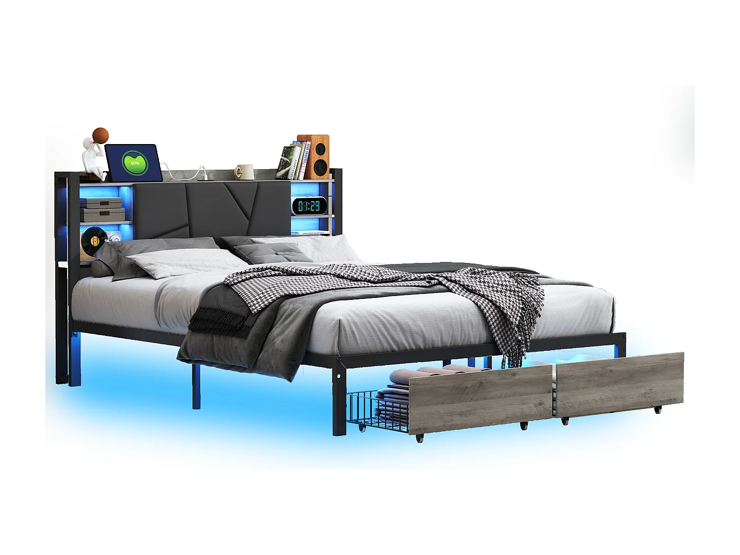 Cama de casal metálica 160 x 200 cm com LED e USB, com arrumação, estrado de ripas, preta