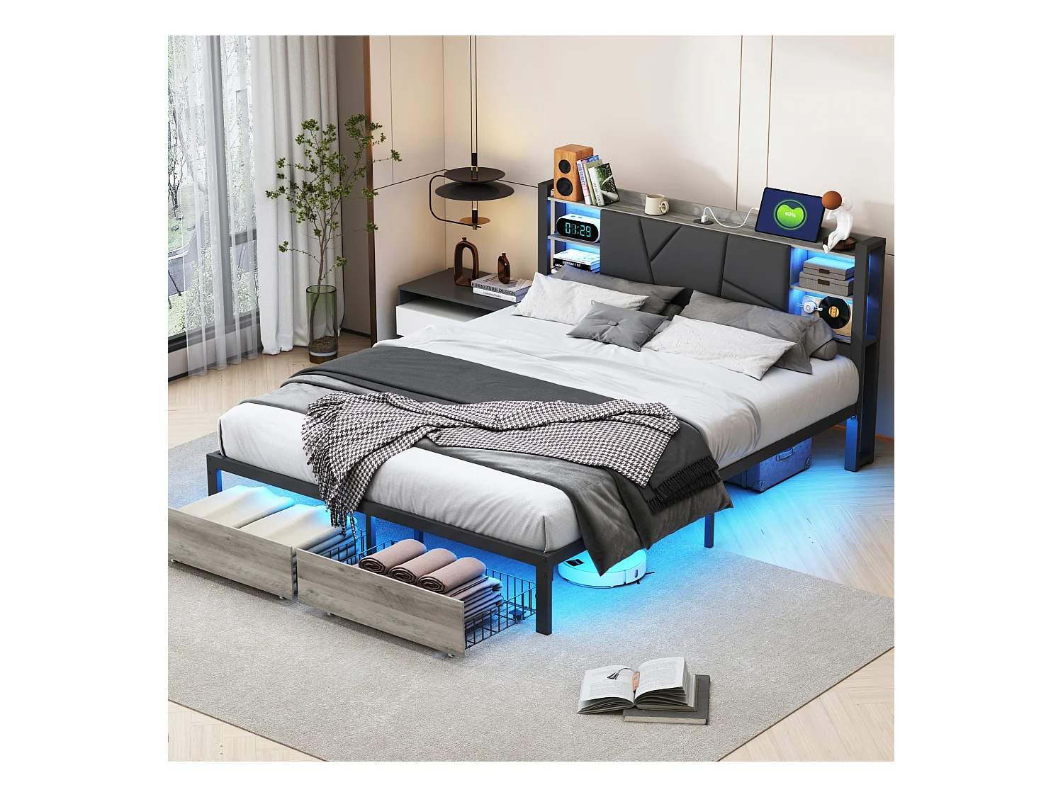Lit fer-bois 160*200cm avec prise de recharge, barrette lumineuse de chevet, double tiroirs en bout de lit, pu, noir