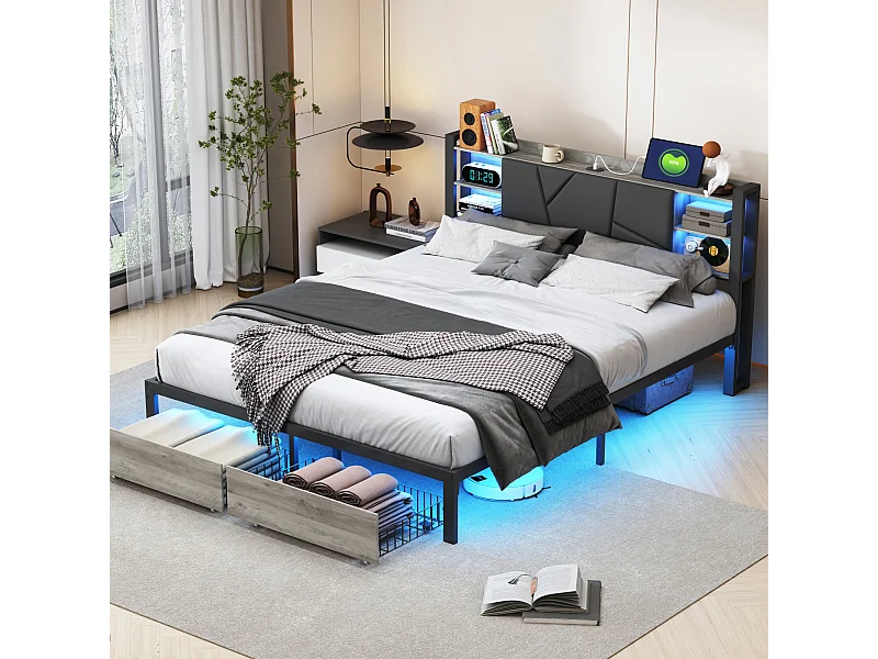 Lit fer-bois 160*200cm avec prise de recharge, barrette lumineuse de chevet, double tiroirs en bout de lit, pu, noir