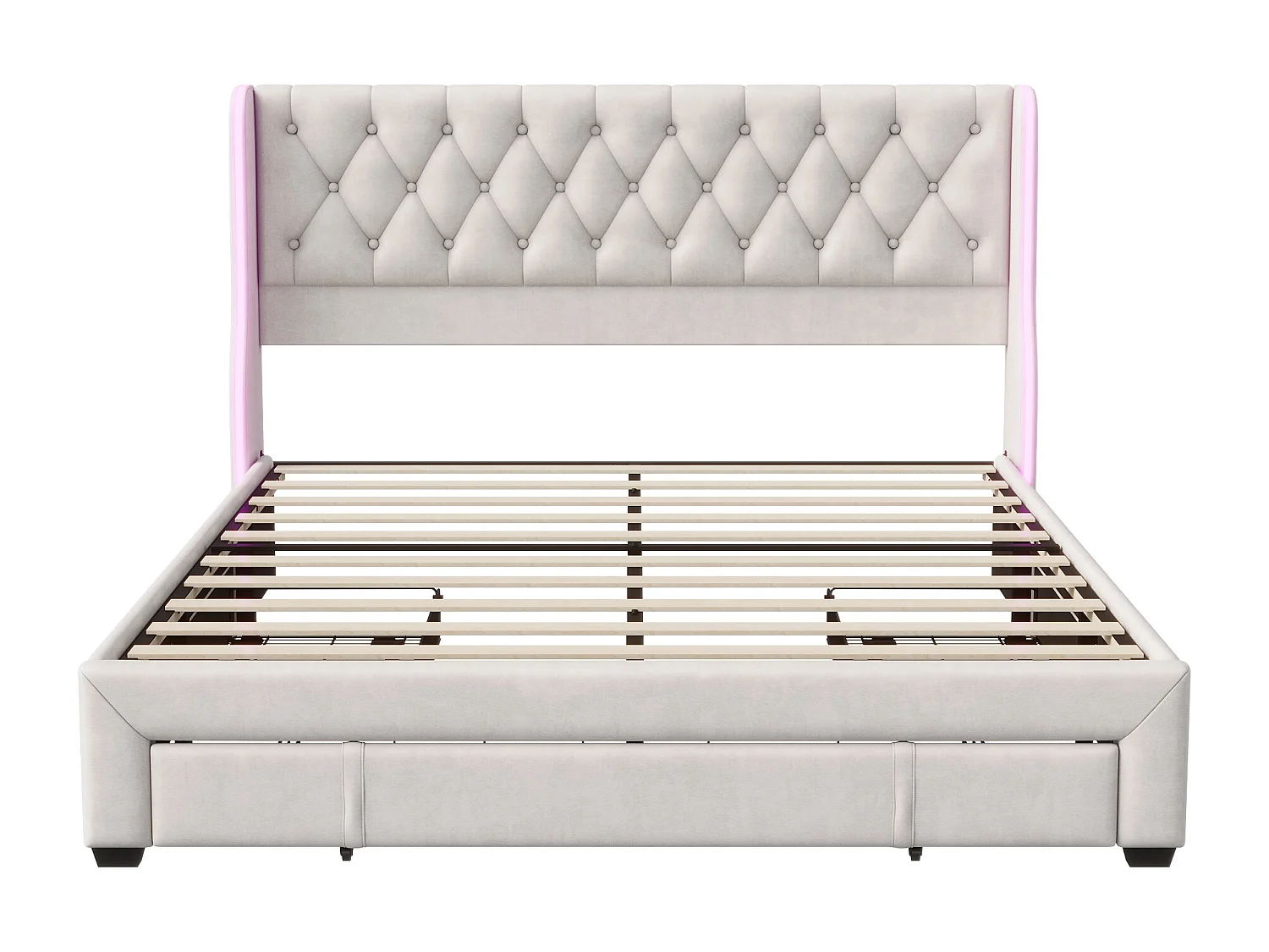 Bed 140*200cm met lades, met verlichting aan beide zijden, 3 ijzeren lades, fluweel, beige