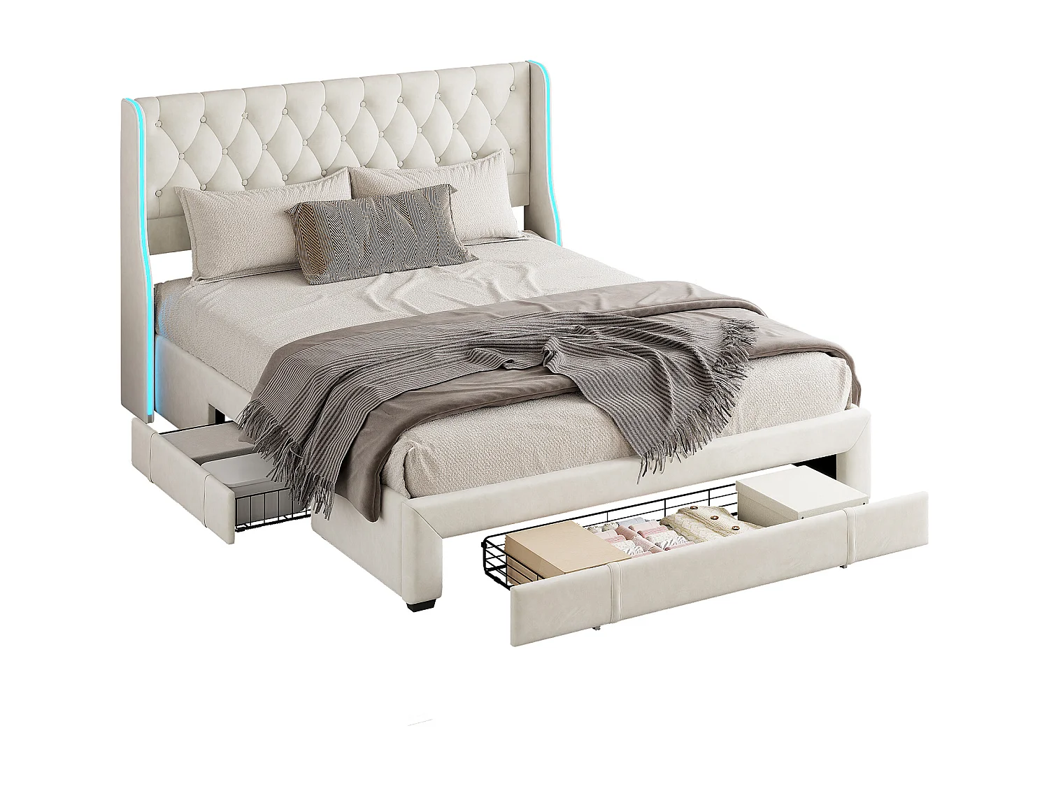 Letto con cassetti 140*200cm, con illuminazione su entrambi i lati, 3 cassetti in ferro, velluto, beige