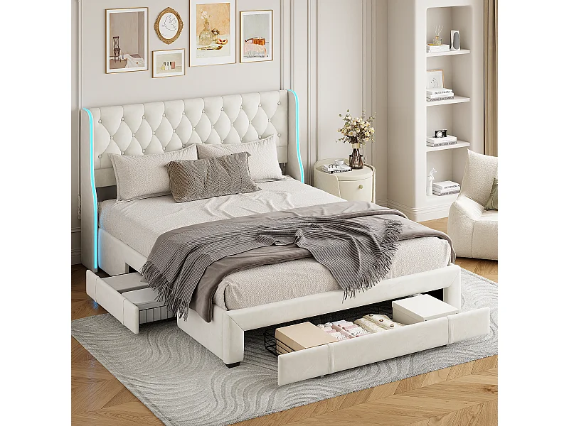 Bed 140*200cm met lades, met verlichting aan beide zijden, 3 ijzeren lades, fluweel, beige