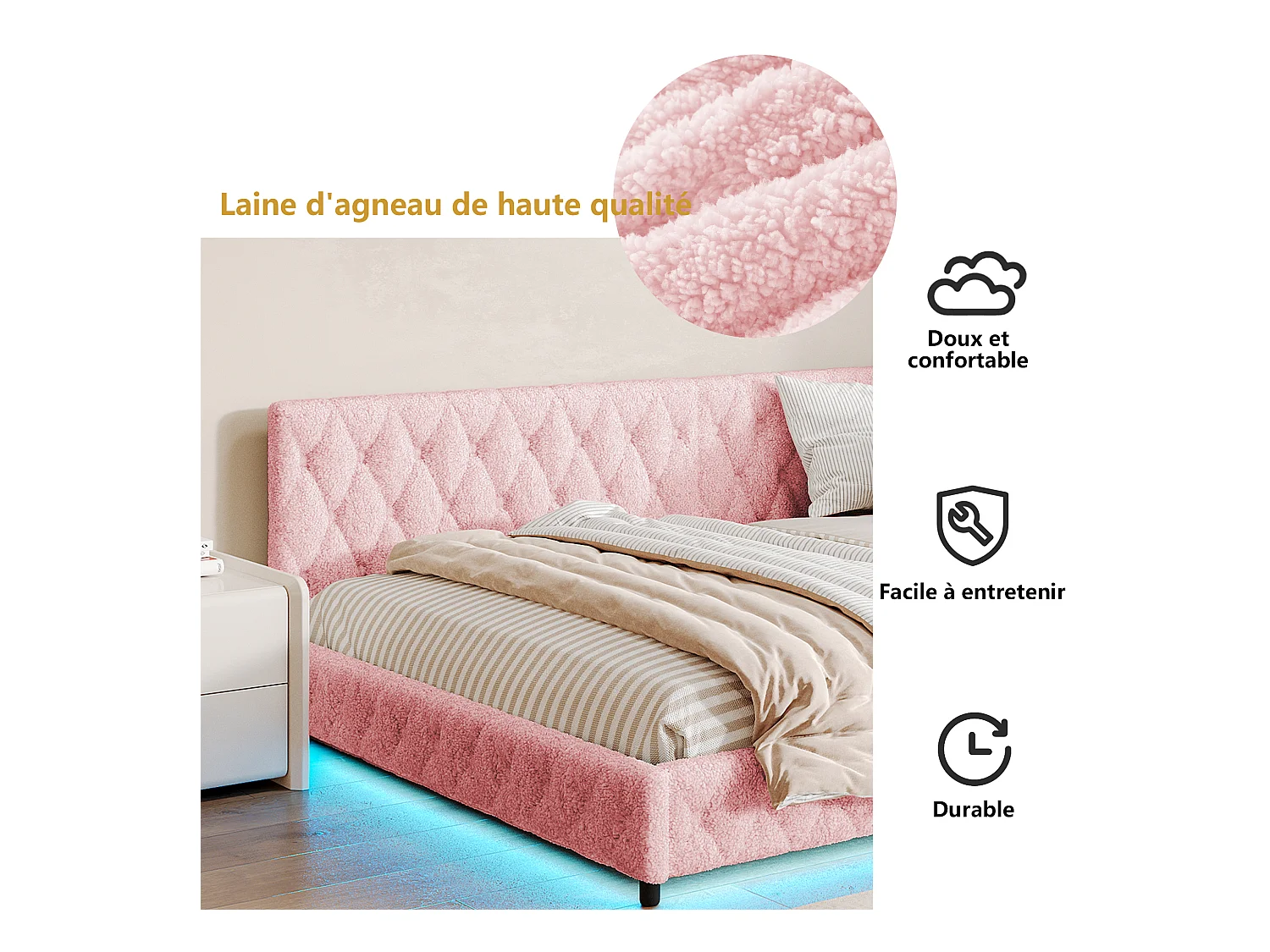 Canapé-lit 140*200 cm, dossier moelleux sur deux côtés, chargement USB, lumières autour du bas du lit,velours,rose