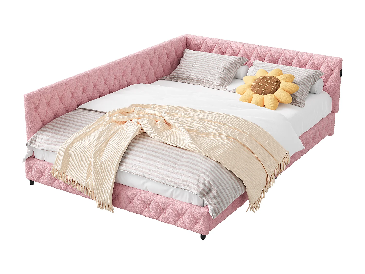 Slaapbank 140*200 cm, zachte rugleuning aan beide zijden, USB-oplaadpunt, verlichting rondom het bed, fluweel, roze
