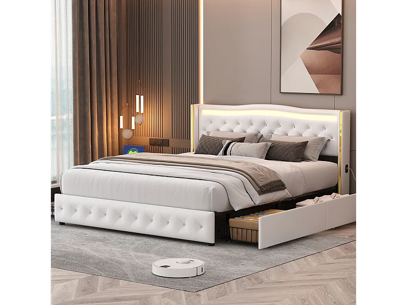 Cama de casal 160x200 com base, 4 gavetas de armazenamento, carregamento USB, ripas de madeira, LED - Branco