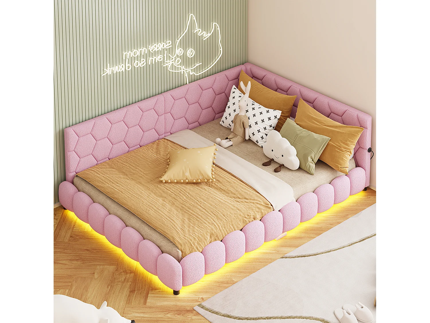 Slaapbank 140*200 cm, LED-sfeerverlichting onder het bed, 2 USB-poorten, roze, pluche