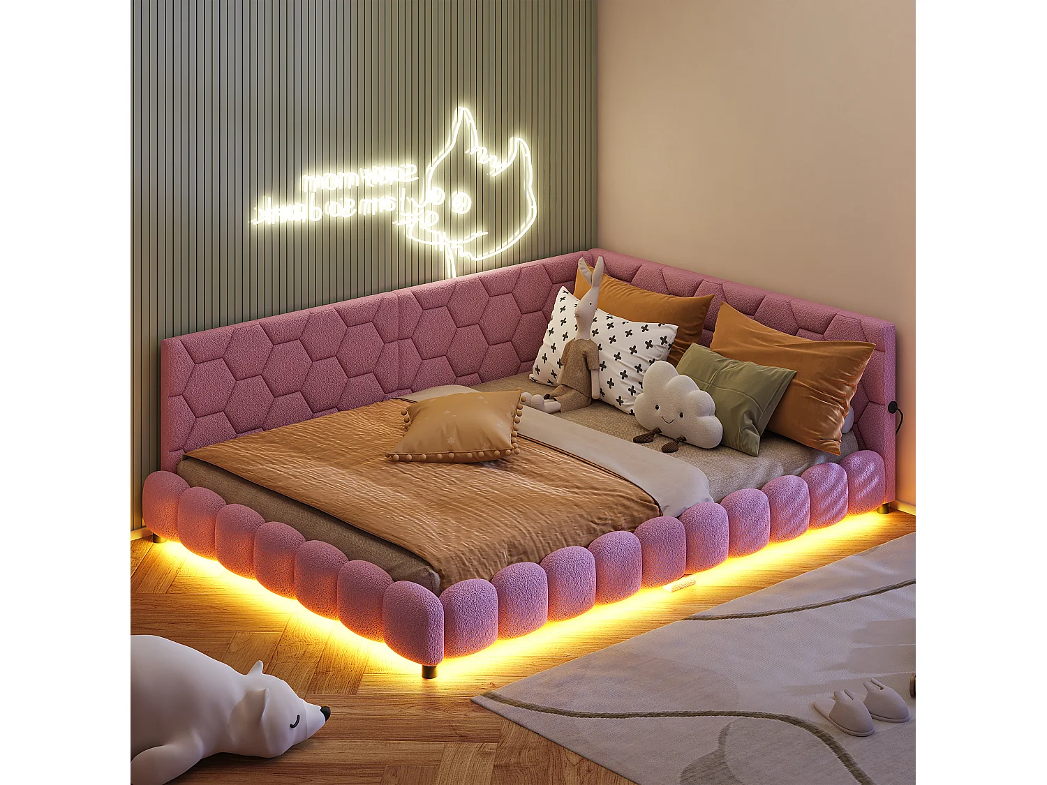 Slaapbank 140*200 cm, LED-sfeerverlichting onder het bed, 2 USB-poorten, roze, pluche
