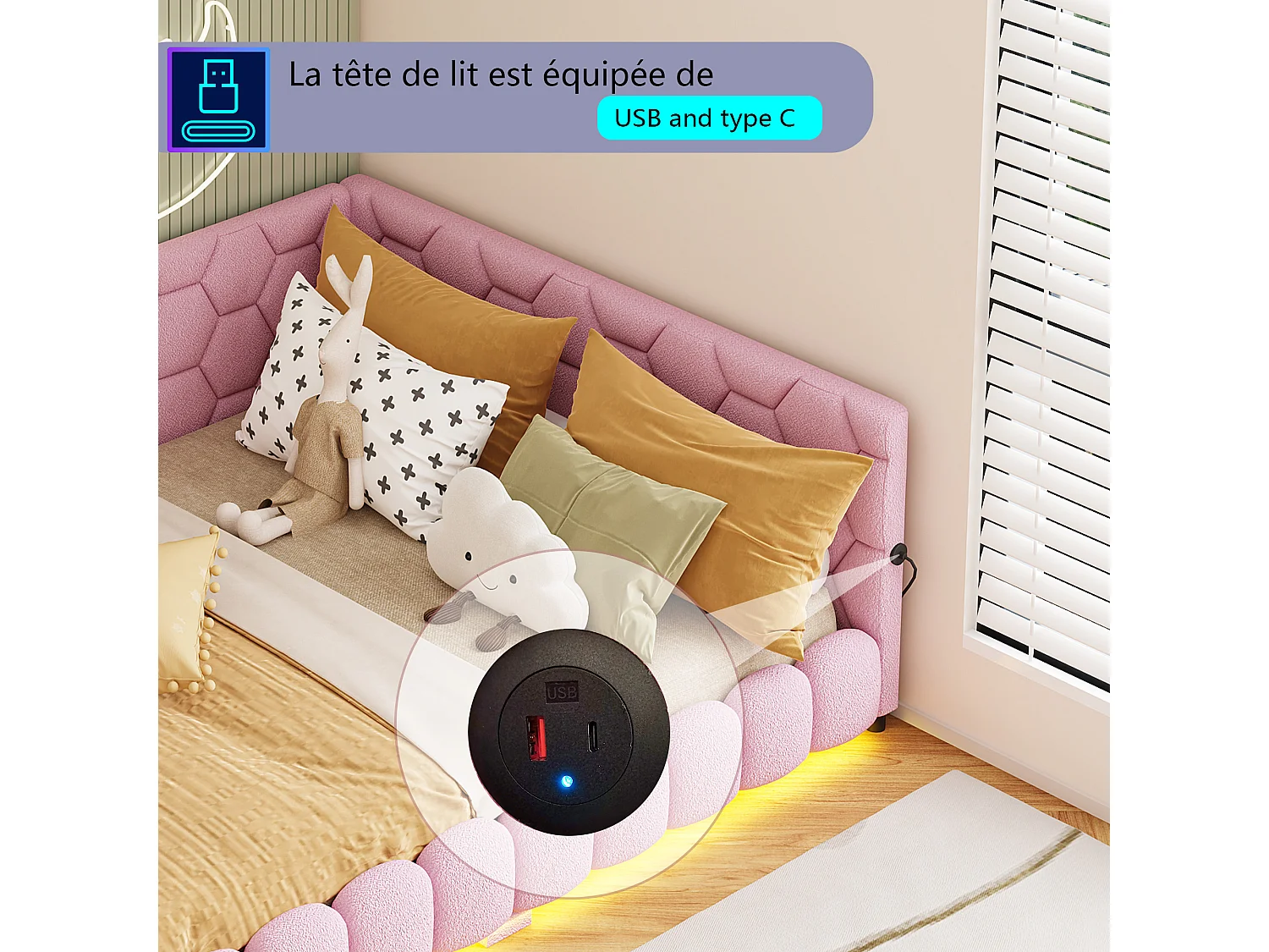 Slaapbank 140*200 cm, LED-sfeerverlichting onder het bed, 2 USB-poorten, roze, pluche