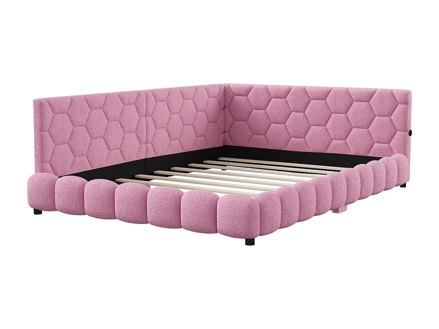 Slaapbank 140*200 cm, LED-sfeerverlichting onder het bed, 2 USB-poorten, roze, pluche