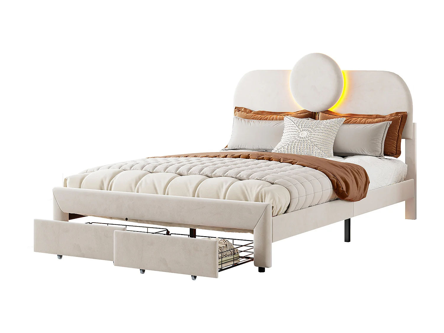 Tweepersoonsbed 140x200cm, met ledverlichting, twee lades aan het voeteneind, verstelbaar hoofdeinde, beige, fluweel