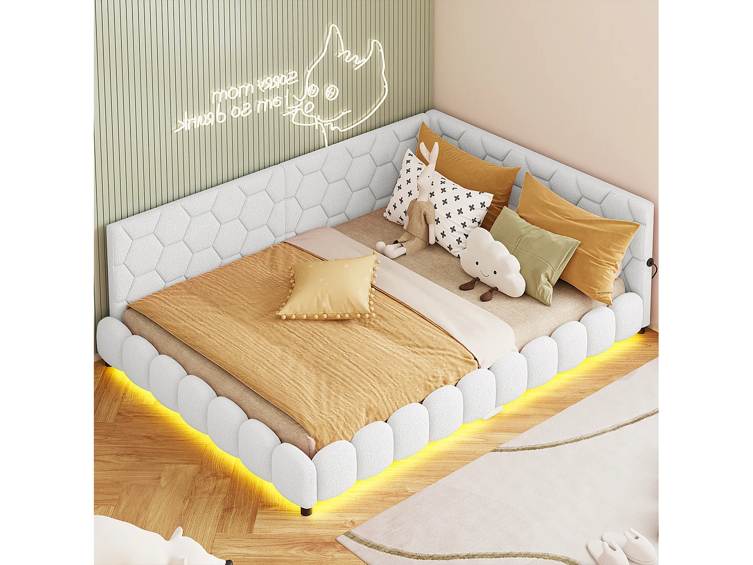 Slaapbank 140*200 cm, LED-sfeerverlichting onder het bed, 2 USB-poorten, wit, pluche