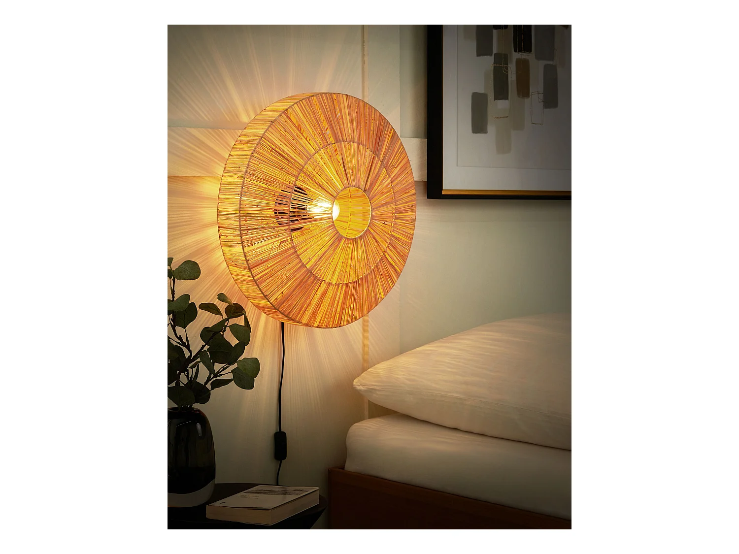 Wandlampe aus Stroh natürlich rund Boho Stil modern Lumut