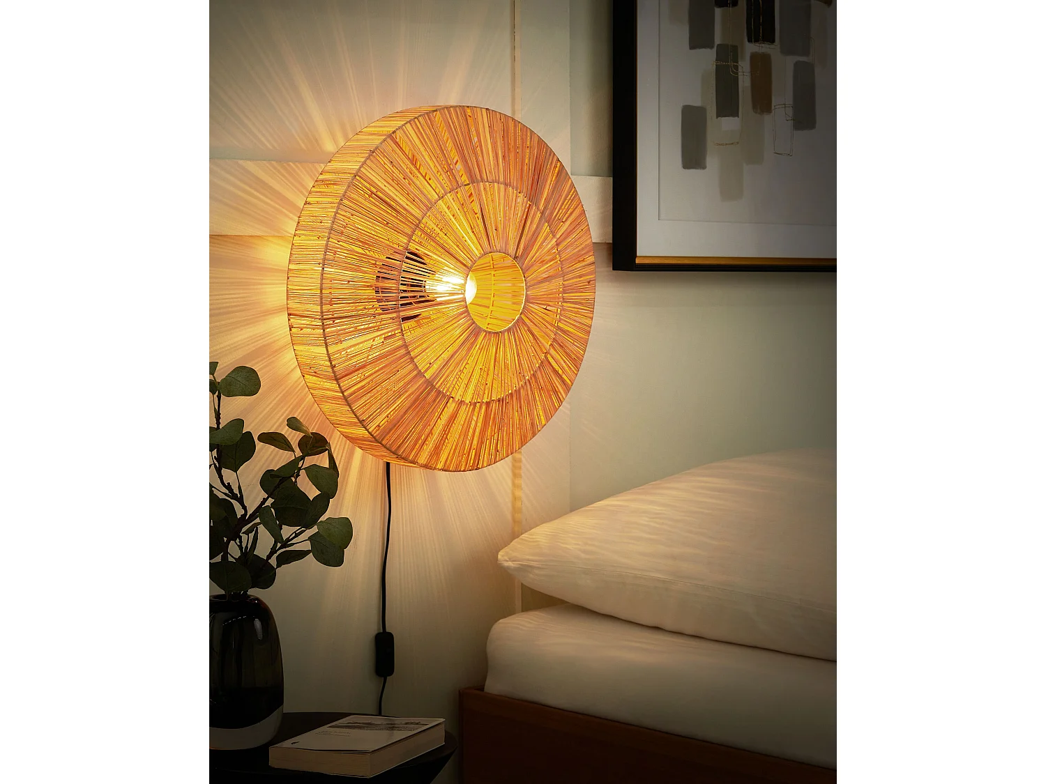 Wandlampe aus Stroh natürlich rund Boho Stil modern Lumut