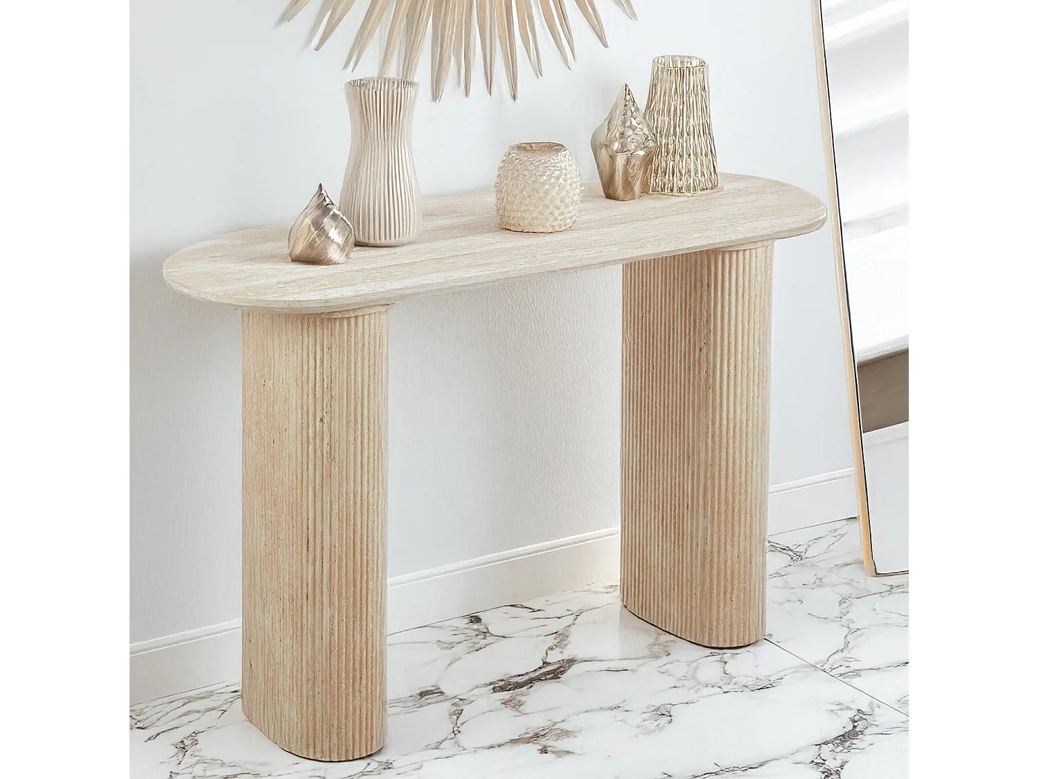 Console moderne 40x120cm avec pieds style colonnes Gwendoline Effet travertin Beige