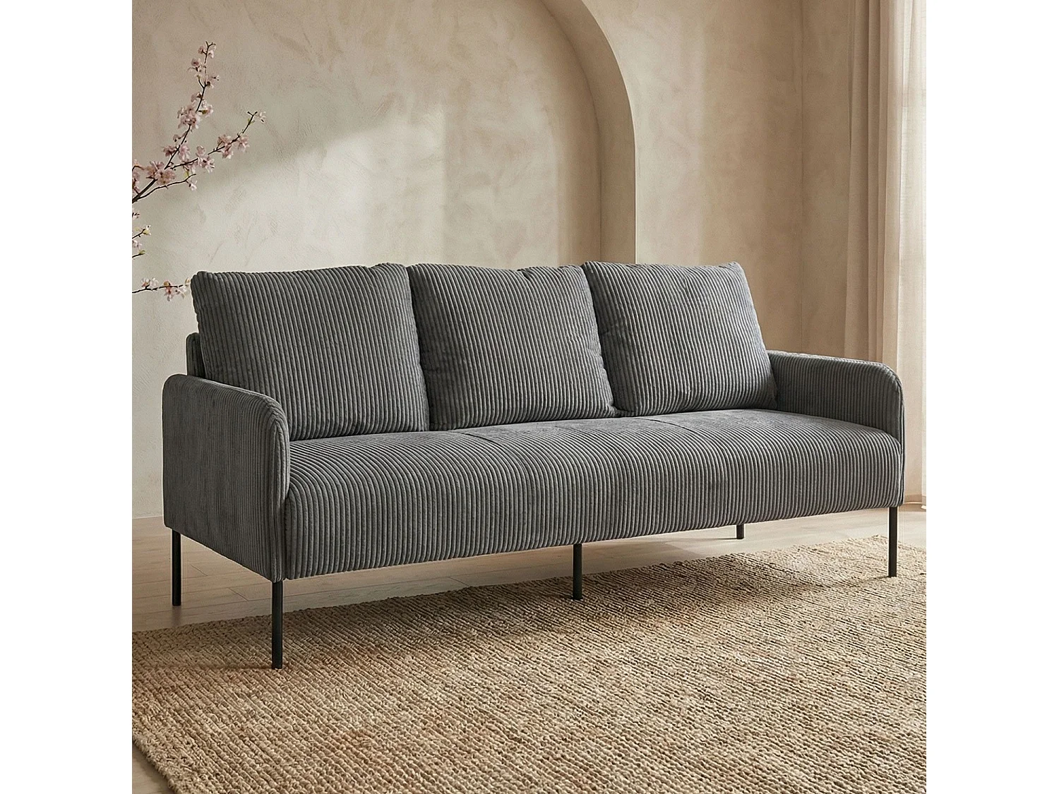 Canapé 3 places moderne et élégant Manuelo Velours côtelé Gris foncé