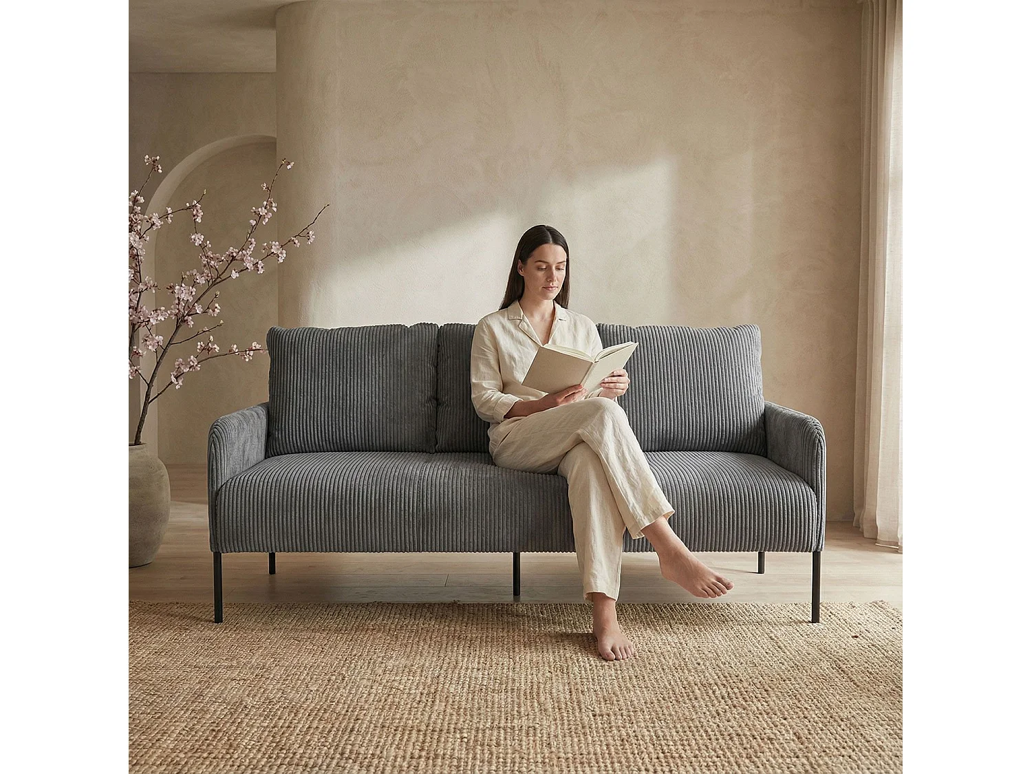 Canapé 3 places moderne et élégant Manuelo Velours côtelé Gris foncé