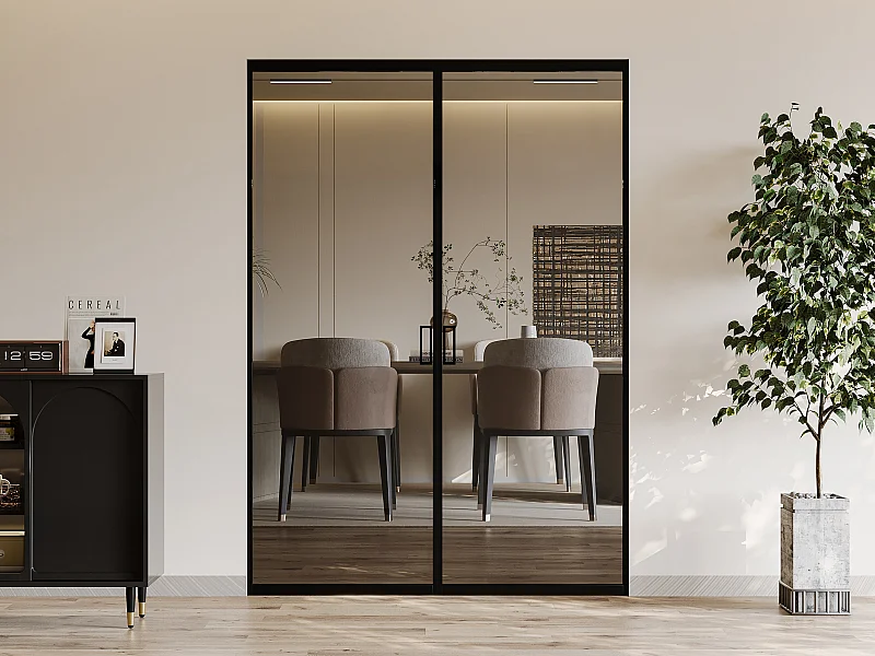 Drzwi przesuwne podwójne z ukrytym systemem przesuwnym – aluminium i szkło hartowane przydymione – 2 x wys. 205 x dł. 63 cm – LINCI II