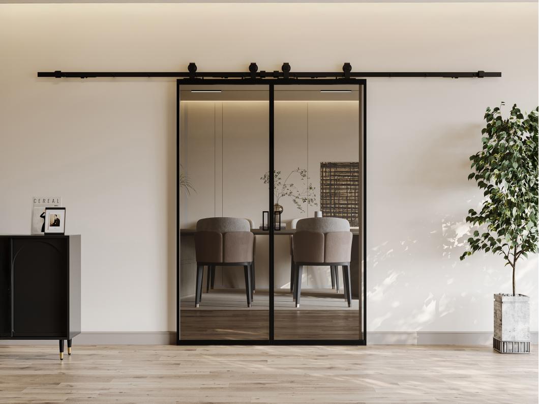 Puerta corredera doble vista - aluminio y cristal templado ahumado - 2 x Alt. 205 x L63 cm - LINCI II