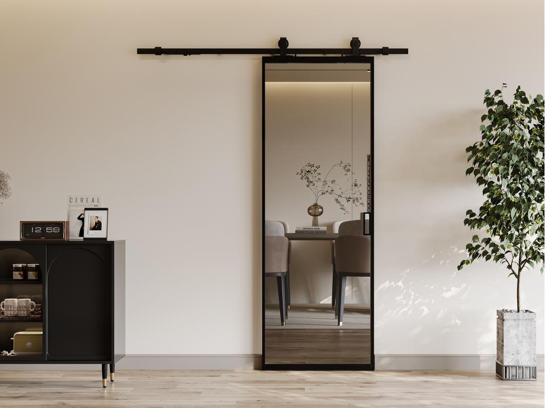 Drzwi przesuwne z naściennym systemem przesuwnym – aluminium i szkło hartowane przydymione – wys. 205 x dł. 73 cm – LINCI II