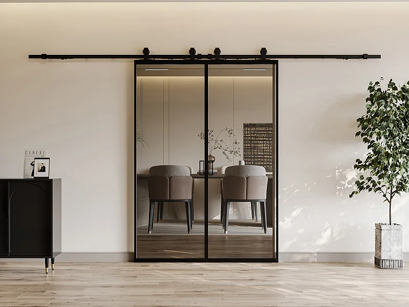 Drzwi przesuwne podwójne z naściennym systemem przesuwnym – aluminium i szkło hartowane przydymione – 2 x wys. 205 x dł. 73 cm – LINCI II