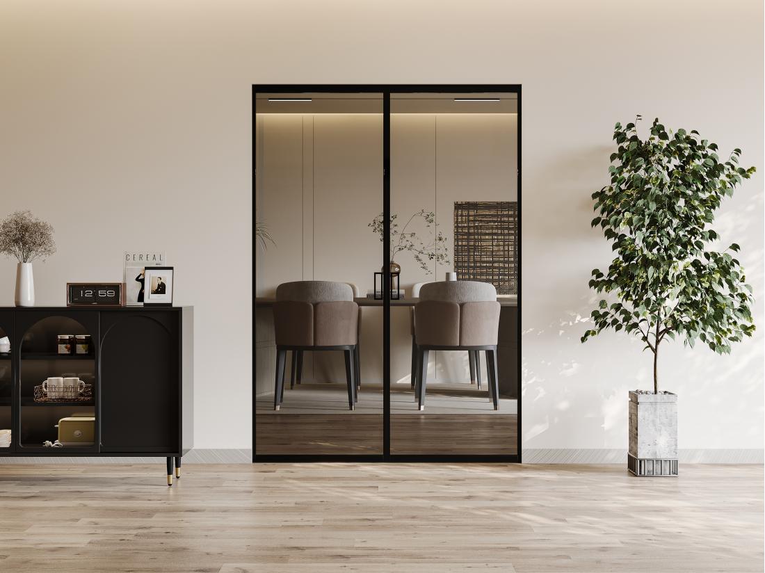 vente unique Porte coulissante double avec système à galandage - aluminium et verre trempé fumé - 2 x H205 x L83 cm - LINCI II